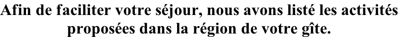 Afin de faciliter votre séjour, nous avons listé les activités proposées dans la région de votre gîte.